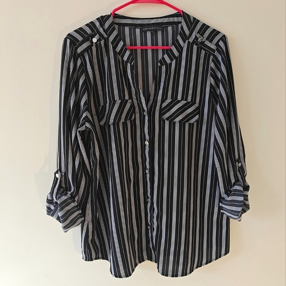 Adrienne Vittadini Large Blouse‎ Black White Striped Buttoned Shirt Collarless - Picture 1 of 7